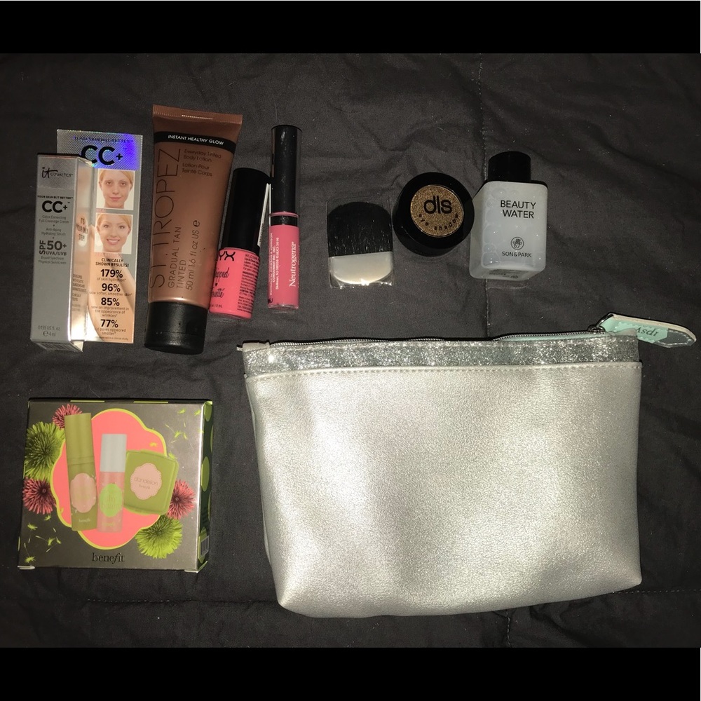 Ipsy bag full of unused beauty items,